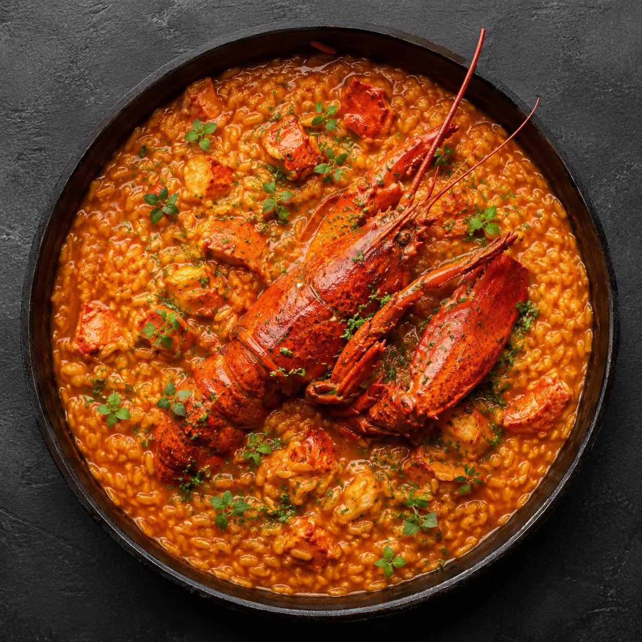 Arroz meloso de bogavante con vermut y hierbas del Mediterráneo