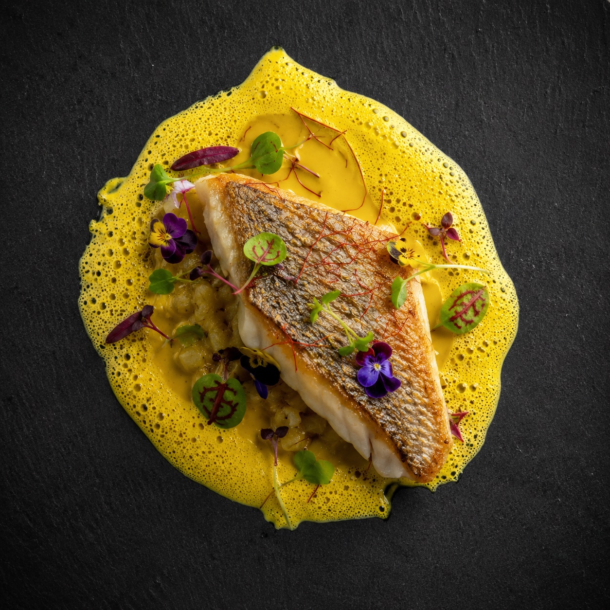 Lubina mediterránea con espuma de azafrán y flores comestibles