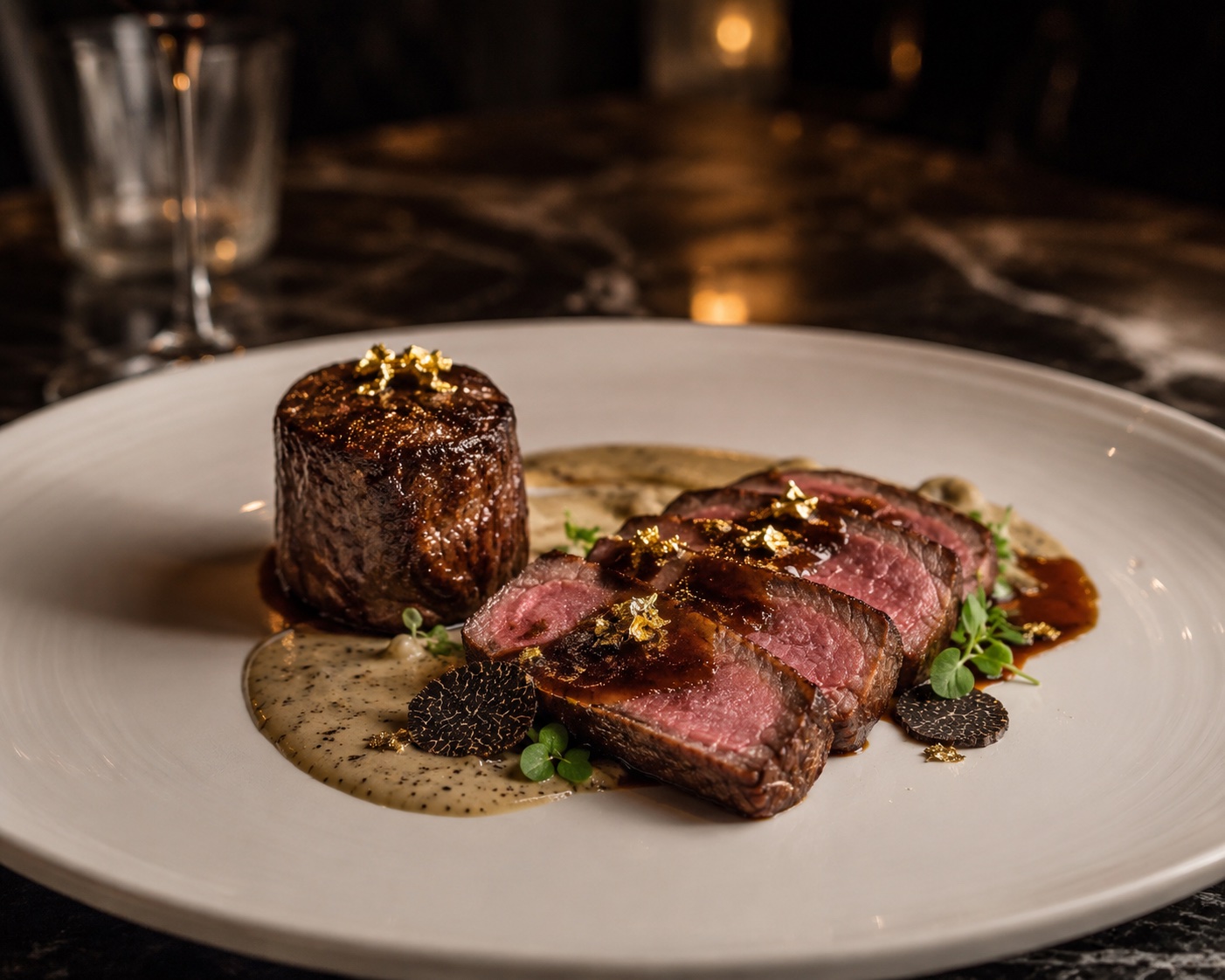 Solomillo Wagyu con salsa de trufa negra y pan de oro