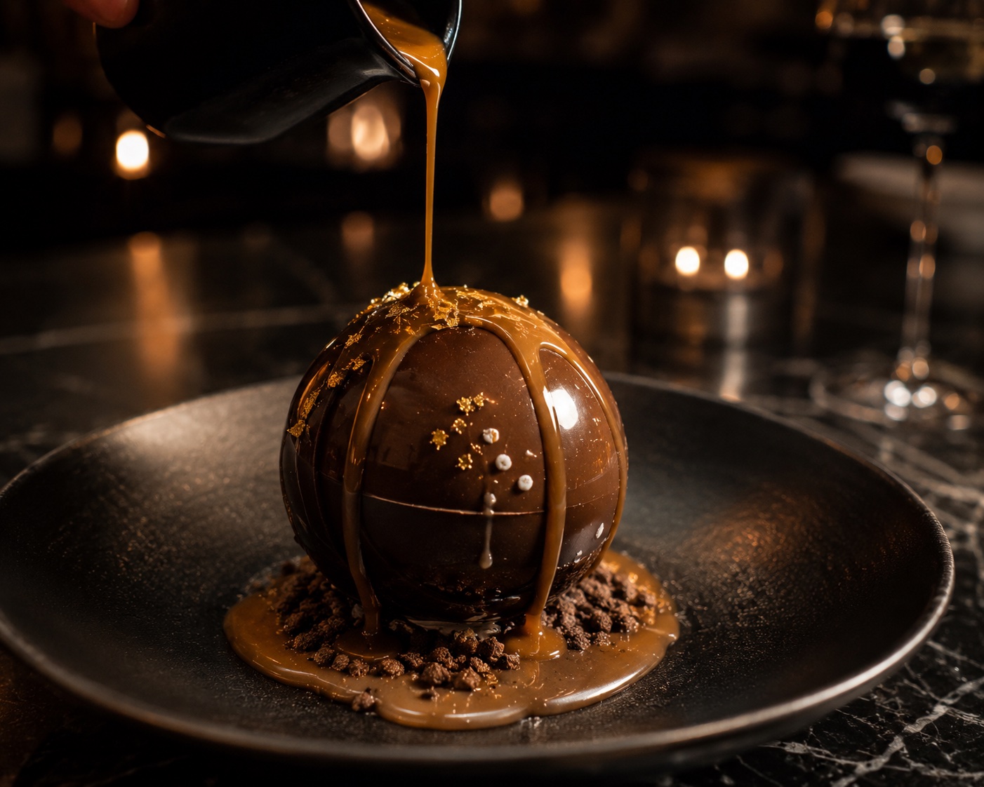 Esfera de chocolate negro con caramelo salado y pan de oro