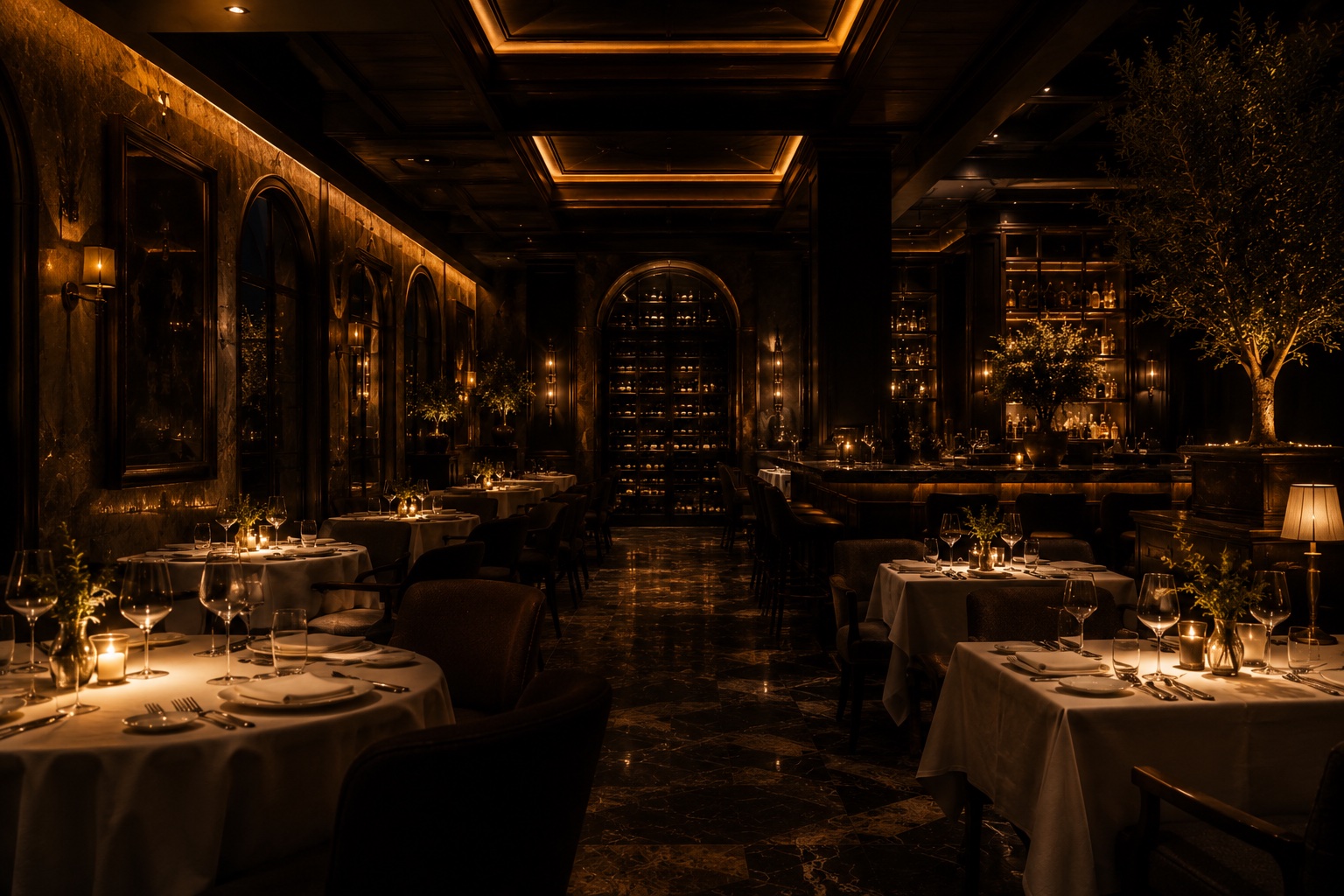 Sala interior del restaurante AURUM con iluminación dorada y bodega de vinos