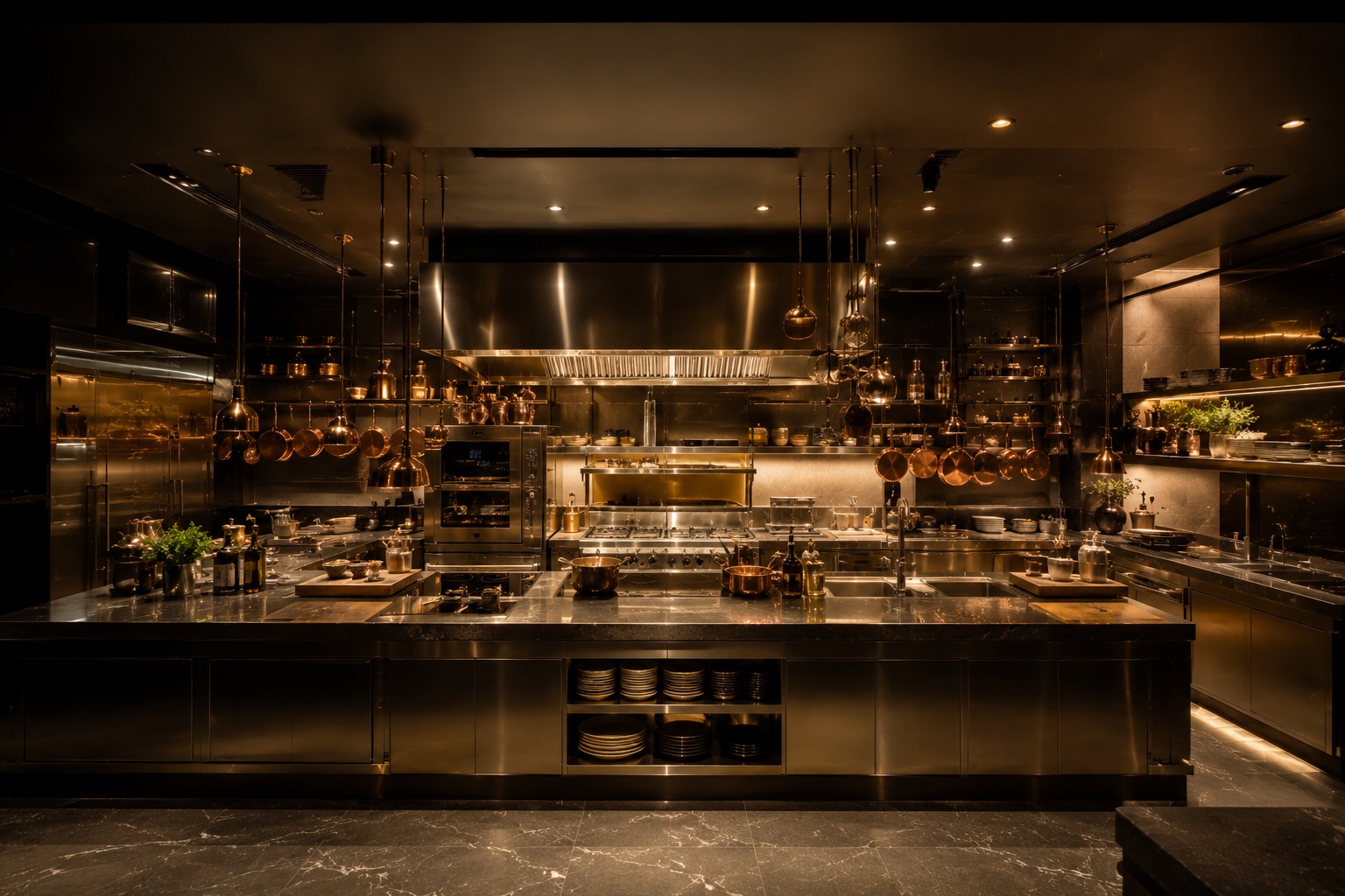 Cocina abierta de AURUM con utensilios de cobre y encimeras de mármol