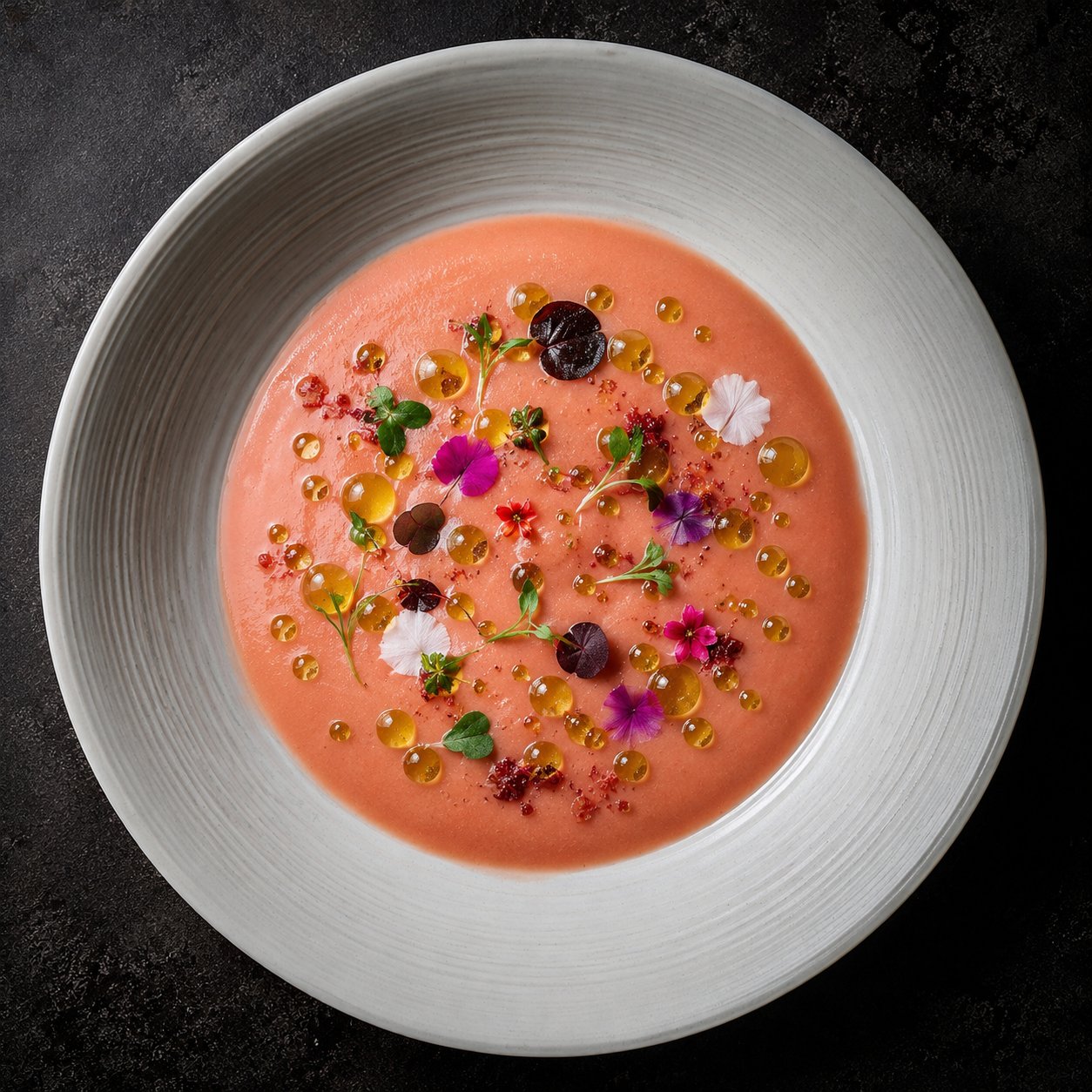 Gazpacho de tomate rosa con caviar de aceite de oliva virgen extra