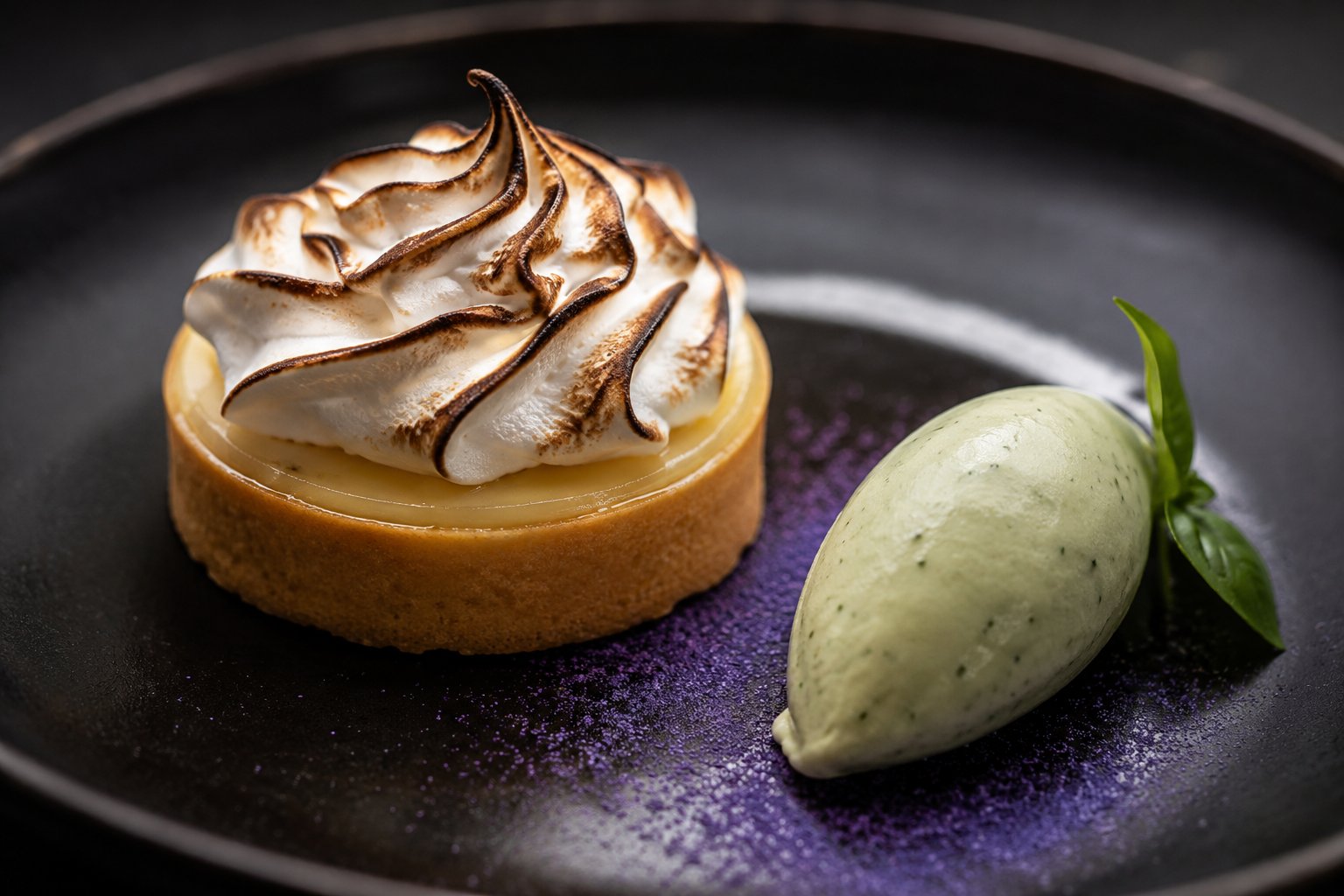 Tarta de limón con merengue quemado y helado de albahaca