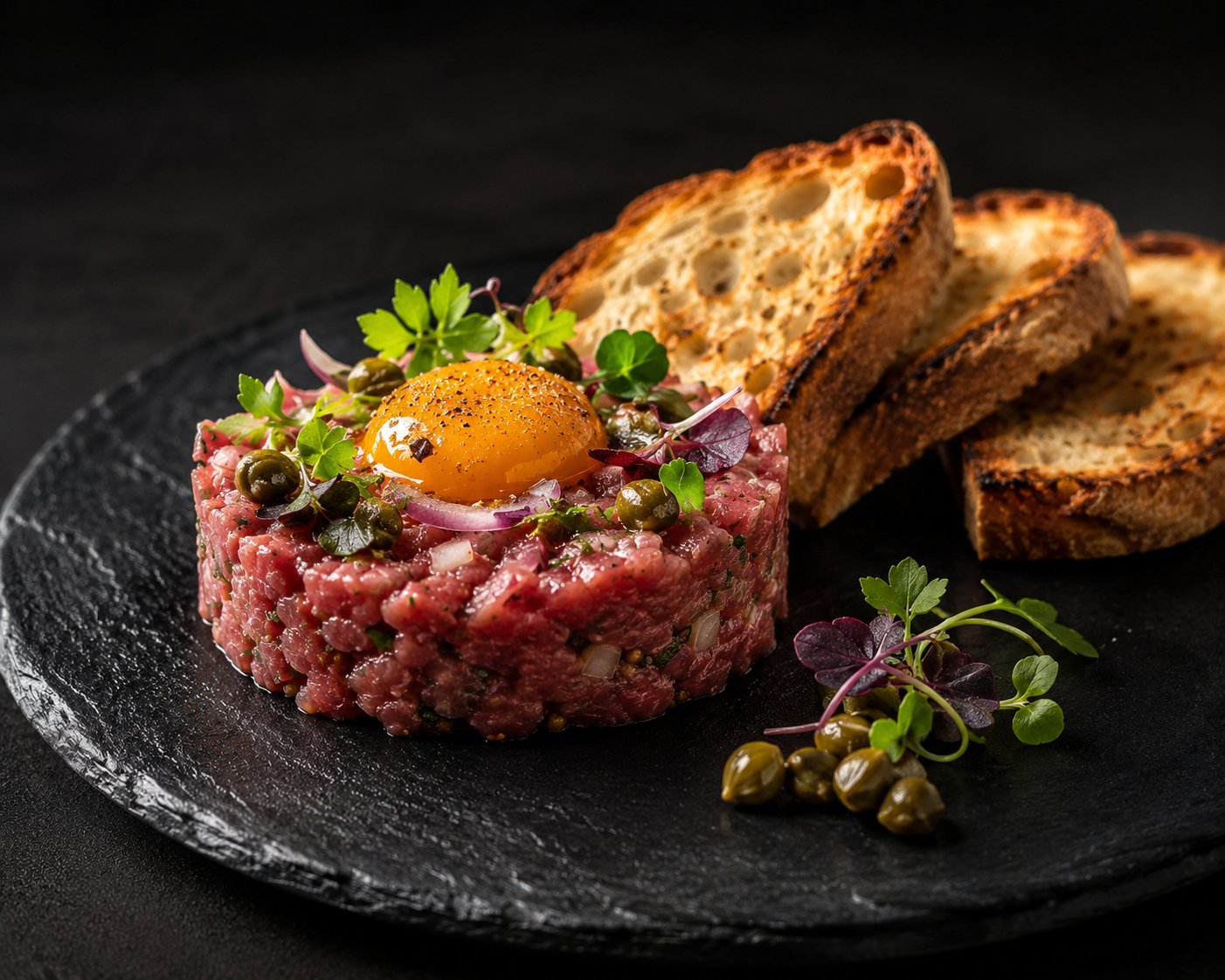 Steak tartar de ternera con yema curada y mostaza antigua